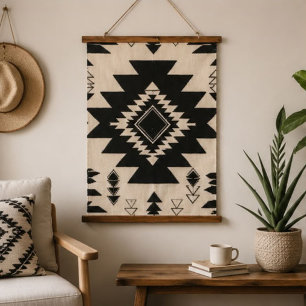 Minimalist Black and Cream Southwestern Geometric Hanging Tapestry