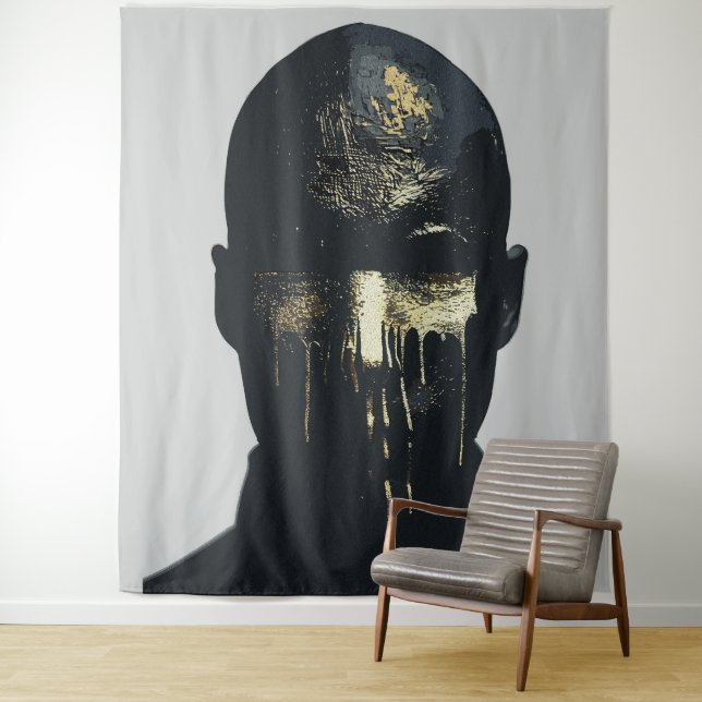 Minimalist Black and Gold Abstract Portrait Art Tapestry (In Situ)