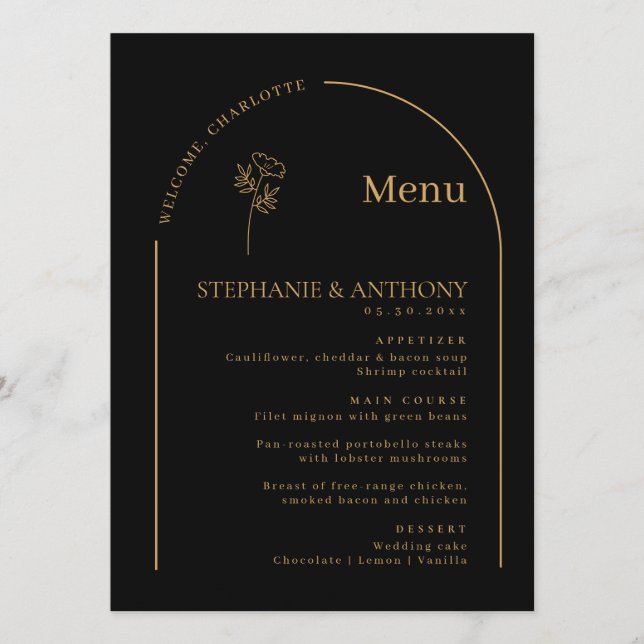 Minimalist Black and Gold Arch Wildflower Wedding  Menu (Front)