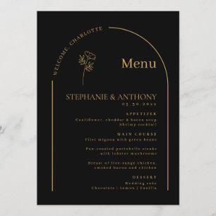 Minimalist Black and Gold Arch Wildflower Wedding Menu