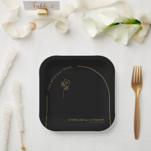 Minimalist Black and Gold Arch Wildflower Wedding Paper Plate
