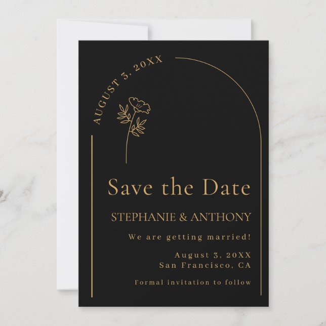 Minimalist Black and Gold Arch Wildflower Wedding  Save The Date (Front)
