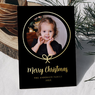 Minimalist Black and Gold Bow Ribbon Photo Foil Holiday Card