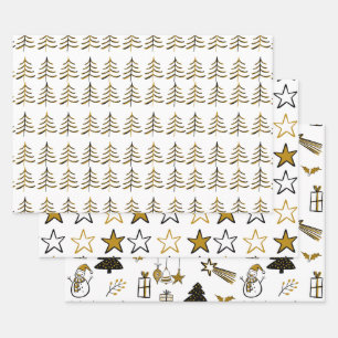Minimalist Black And Gold Christmas Tree And Stars Wrapping Paper Sheet