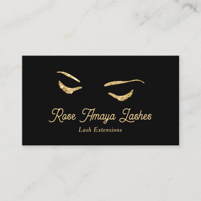 Minimalist Black and Gold Eyelash Extensions Business Card (Front)