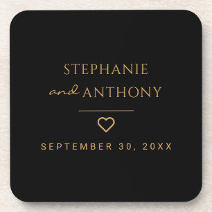 Minimalist Black And Gold Heart Modern Wedding   Coaster