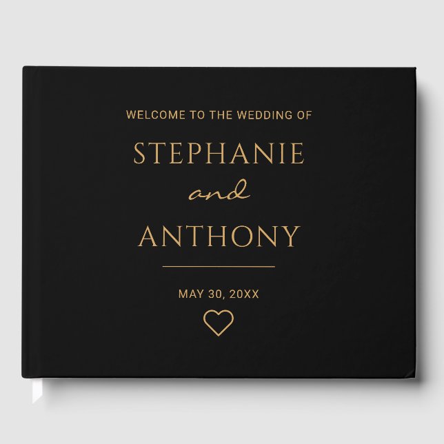 Minimalist Black And Gold Heart Modern Wedding   Guest Book (Front)