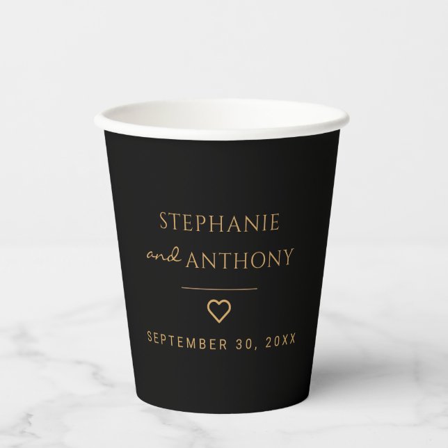 Minimalist Black And Gold Heart Modern Wedding   Paper Cups (Front)
