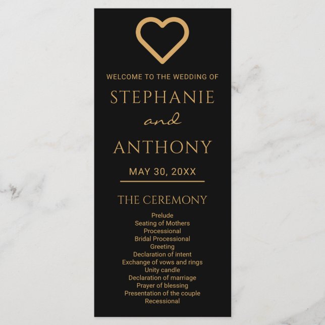 Minimalist Black And Gold Heart Modern Wedding   Program (Front)