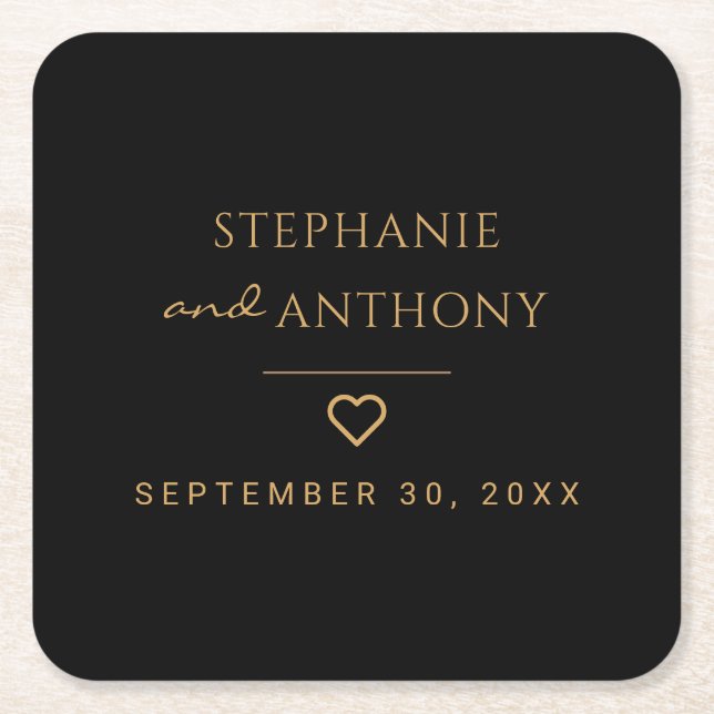 Minimalist Black And Gold Heart Modern Wedding   Square Paper Coaster (Front)