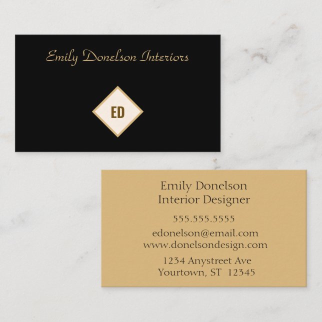 Minimalist Black and Gold Interior Design Stylist Business Card (Front/Back)
