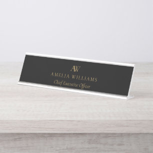 Minimalist Black and Gold Monogram Desk Name Plate