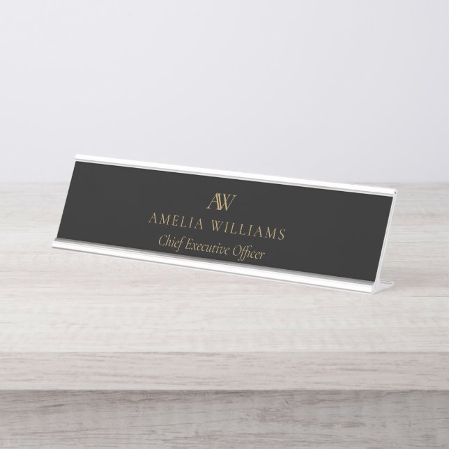 Minimalist Black and Gold Monogram Desk Name Plate (Front)