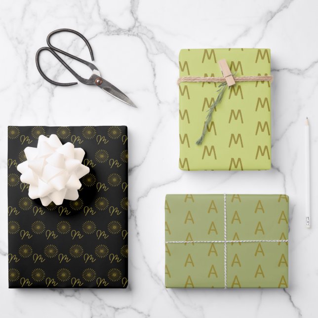 Minimalist Black and Gold Monogram Wrapping Paper Sheet (Front)