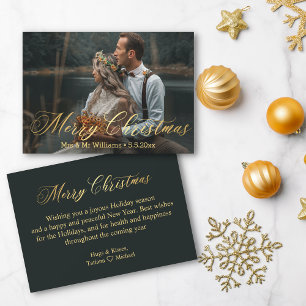 Minimalist Black and Gold Newlywed Photo Christmas Card