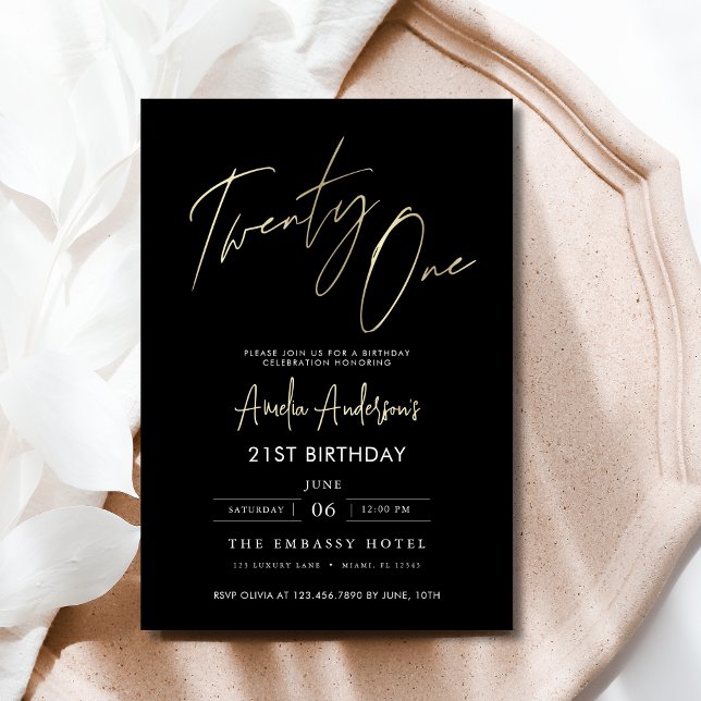 Minimalist Black and Gold Script 21st Birthday Invitation (Creator Uploaded)