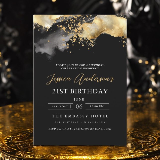 Minimalist Black and Gold Script 21st Birthday Invitation (Creator Uploaded)