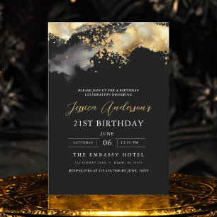Minimalist Black and Gold Script 21st Birthday Invitation