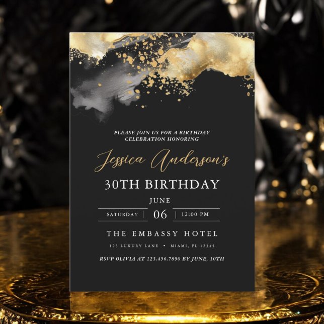 Minimalist Black and Gold Script 30th Birthday Invitation (Creator Uploaded)