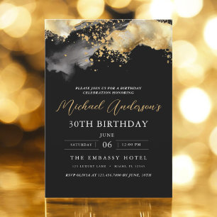 Minimalist Black and Gold Script 30th Birthday Invitation