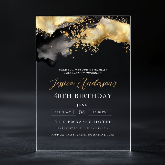 Minimalist Black and Gold Script 40th Birthday Acrylic Invitations (Creator Uploaded)
