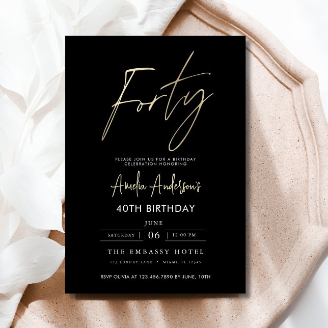 Minimalist Black and Gold Script 40th Birthday Invitation (Creator Uploaded)