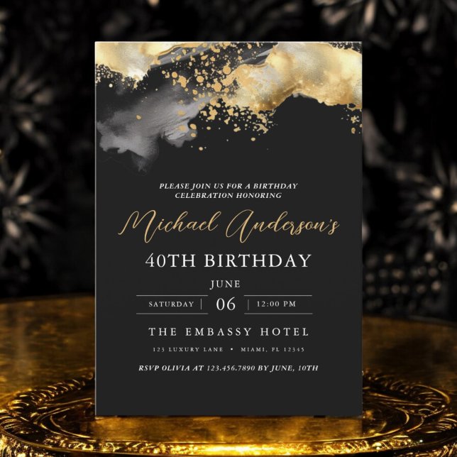Minimalist Black and Gold Script 40th Birthday Invitation (Creator Uploaded)