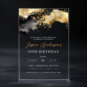 Minimalist Black and Gold Script 50th Birthday Acrylic Invitations