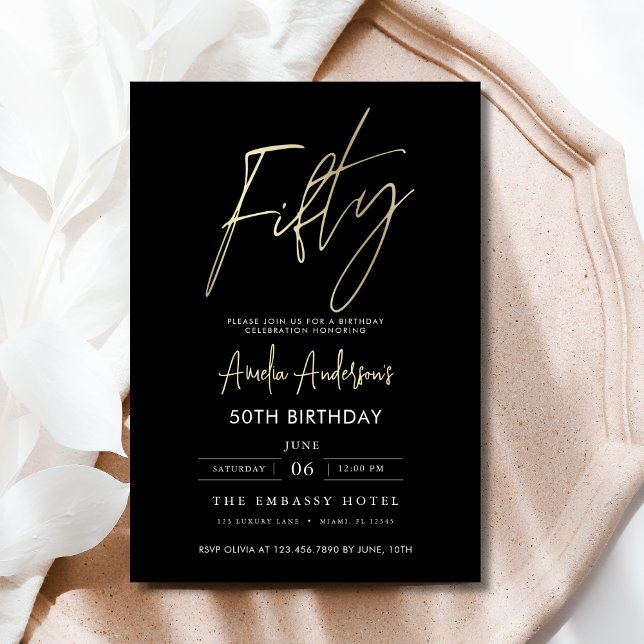 Minimalist Black and Gold Script 50th Birthday Invitation (Creator Uploaded)