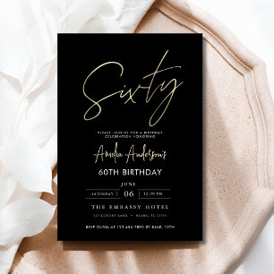 Minimalist Black and Gold Script 60th Birthday Invitation