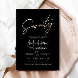Minimalist Black and Gold Script 70th Birthday Invitation