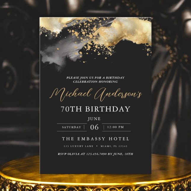 Minimalist Black and Gold Script 70th Birthday Invitation (Creator Uploaded)