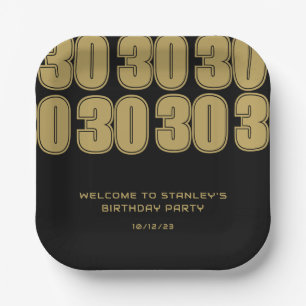 Minimalist Black and Gold Thirty Birthday Party Paper Plate