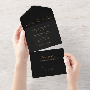 Minimalist Black and Gold With a Heart Wedding  All In One Invitation