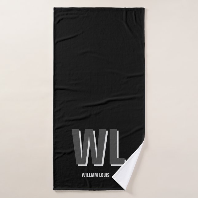 Minimalist Black and Grey Personalised Monogram  Bath Towel (Bath Towel)