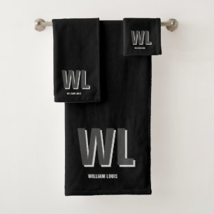Minimalist Black and Grey Personalised Monogram Bath Towel Set