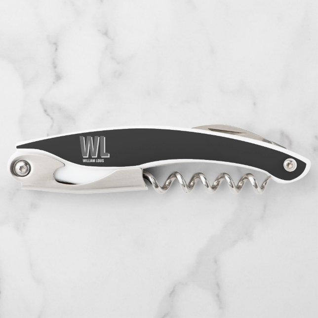 Minimalist Black and Grey Personalised Monogram  Corkscrew (Front)