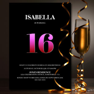 Minimalist Black and Pink 16th Birthday Party Invitation