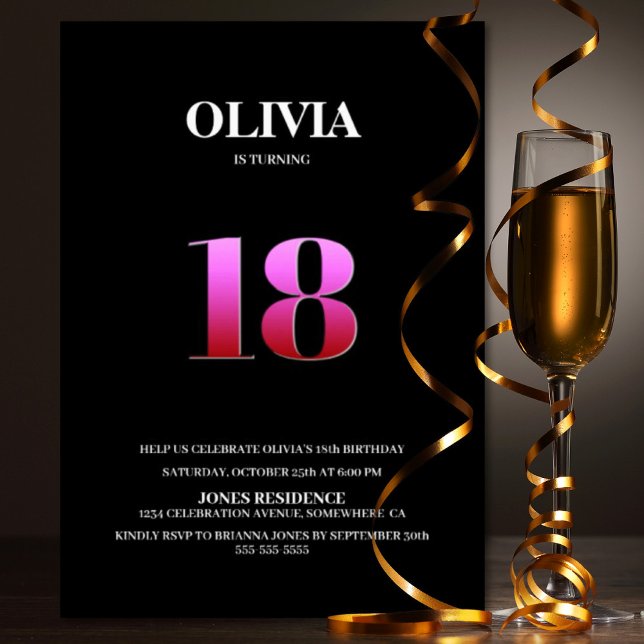 Minimalist Black and Pink 18th Birthday Party Invitation (Creator Uploaded)