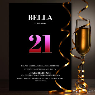 Minimalist Black and Pink 21st Birthday Party Invitation