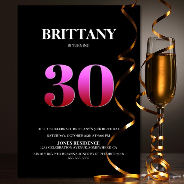 Minimalist Black and Pink 30th Birthday Party Invitation (Creator Uploaded)