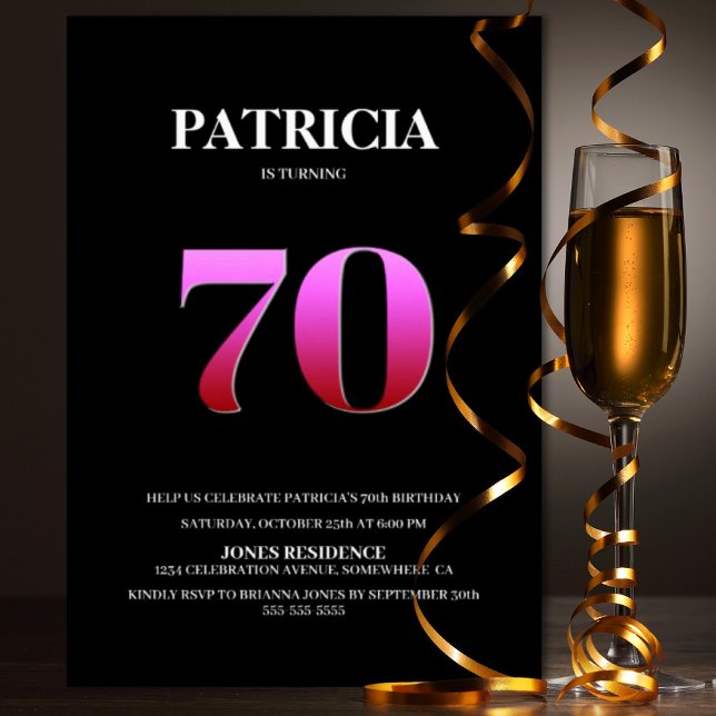 Minimalist Black and Pink 70th Birthday Party Invitation (Creator Uploaded)