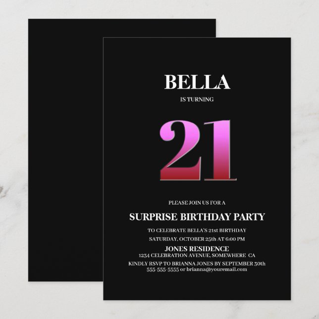 Minimalist Black and Pink Surprise 21st Birthday Invitation (Front/Back)