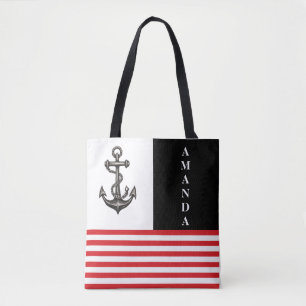 Minimalist Black and Red Anchor Custom Name Tote Bag