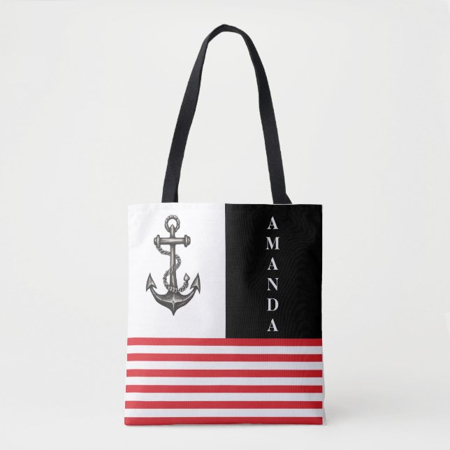 Minimalist Black and Red Anchor Custom Name Tote Bag (Front)