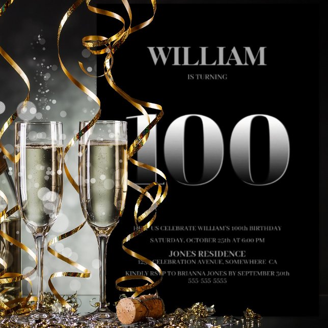 Minimalist Black and Silver 100th Birthday Party Invitation (Creator Uploaded)