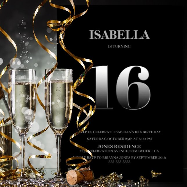 Minimalist Black and Silver 16th Birthday Party Invitation (Creator Uploaded)
