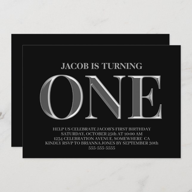 Minimalist Black and Silver 1st Birthday Party Invitation (Front/Back)
