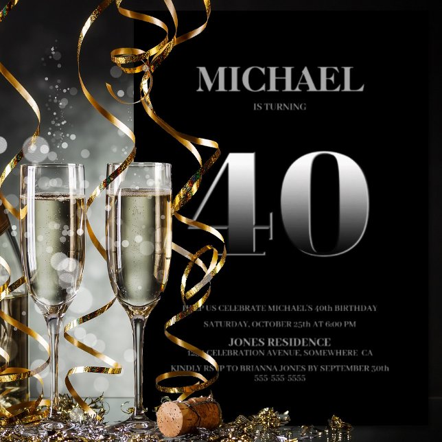 Minimalist Black and Silver 40th Birthday Party Invitation (Creator Uploaded)