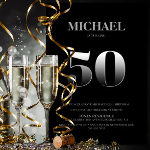 Minimalist Black and Silver 50th Birthday Party Invitation